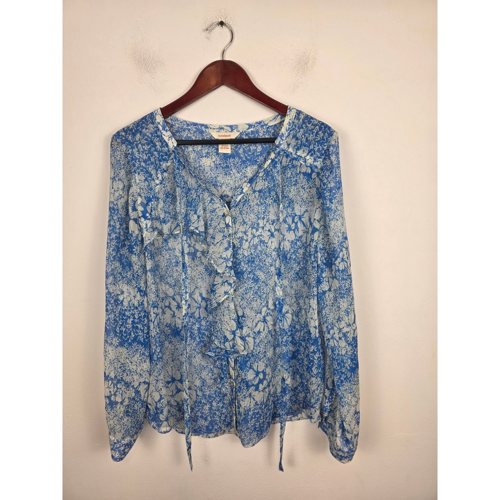 Sundance Blue White Floral 100% Silk Ruffle Tie Neck Button Front Blouse Large